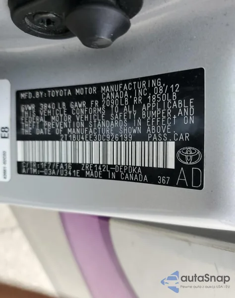 2013 Toyota Corolla Base z USA, uszkodzony, nr VIN 2T1BU4EE3DC926199